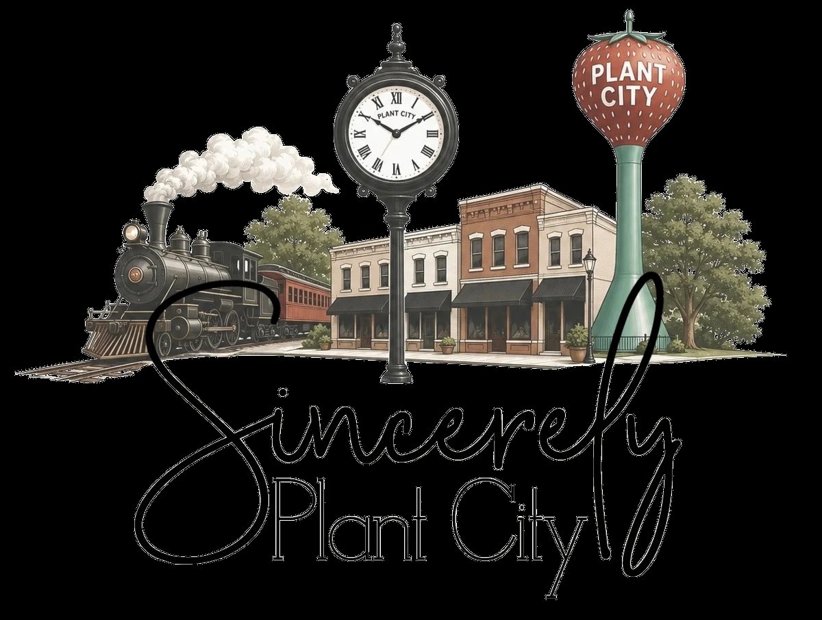 Summerville small town logo featuring vintage steam locomotive, clock tower, brick buildings, and Plant City sign